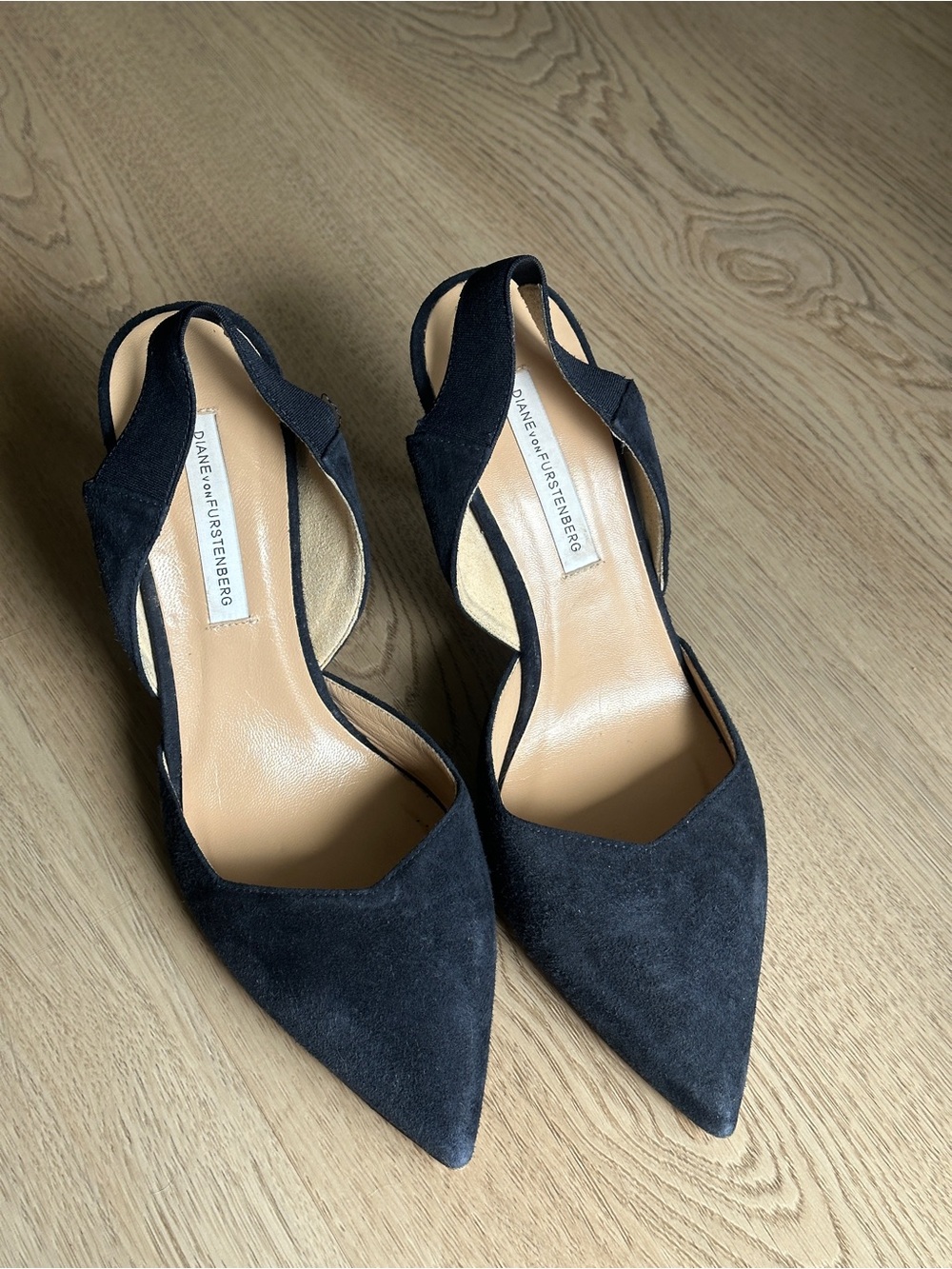 Diane Von Furstenberg Navy Suede Pointed-Toe Cutout Slingbacks
